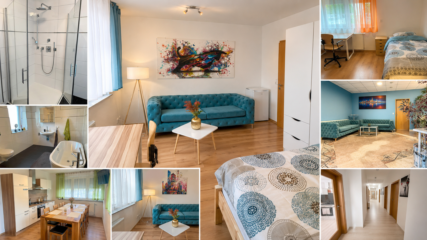 Fotomontage moderner möblierter Wohnräume im Campus Baden Studentenwohnheim mit Zimmer, Bad, Gemeinschaftsküche, Lounge und Flurbereich